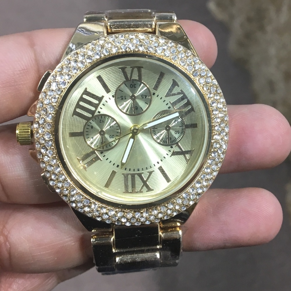 Stainless Steel Gold Color Watch With CZ Diamonds